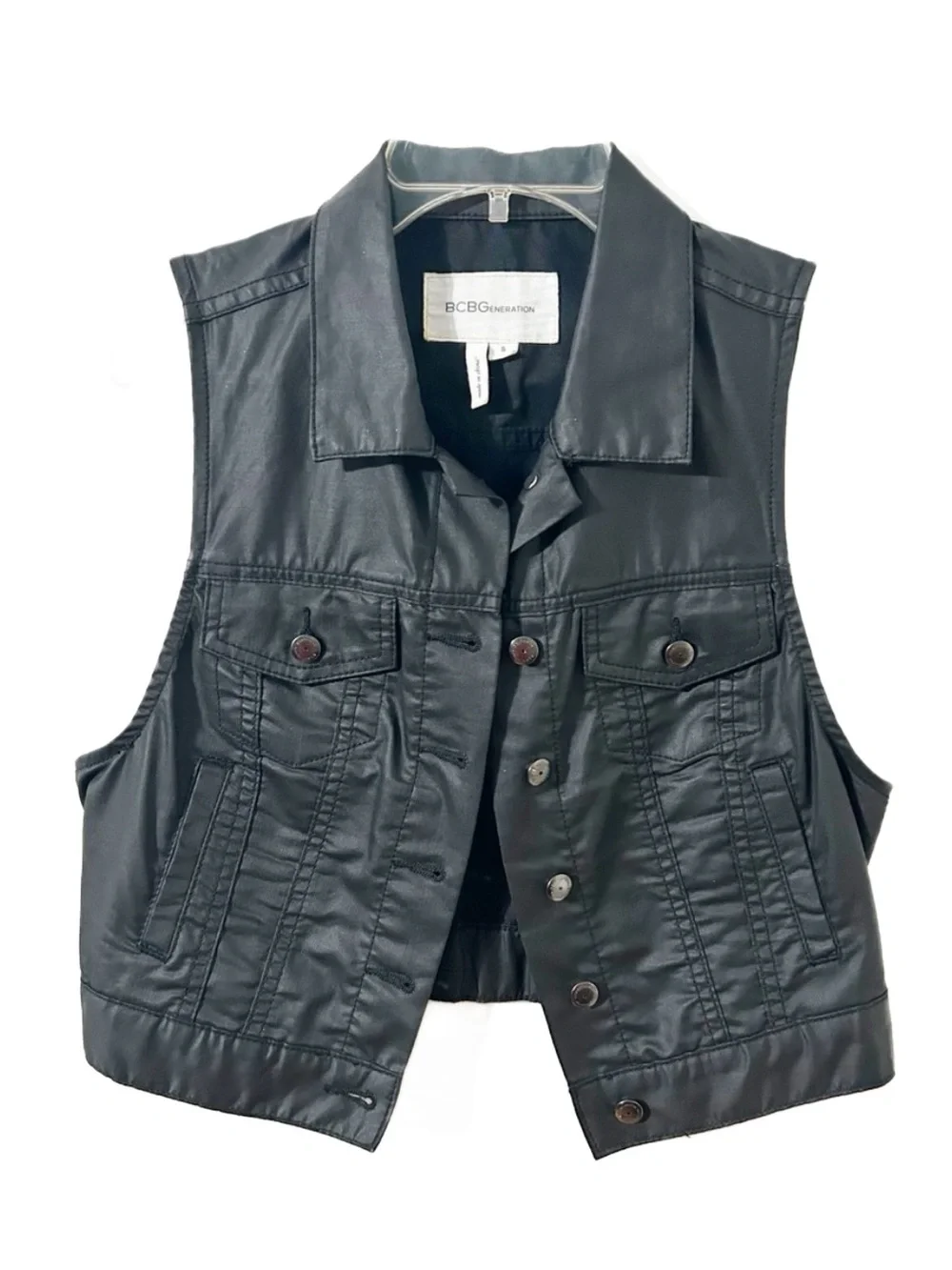 BCBGeneration Black Faux Leather Crop Sleeveless Vest Button Front Point Collar